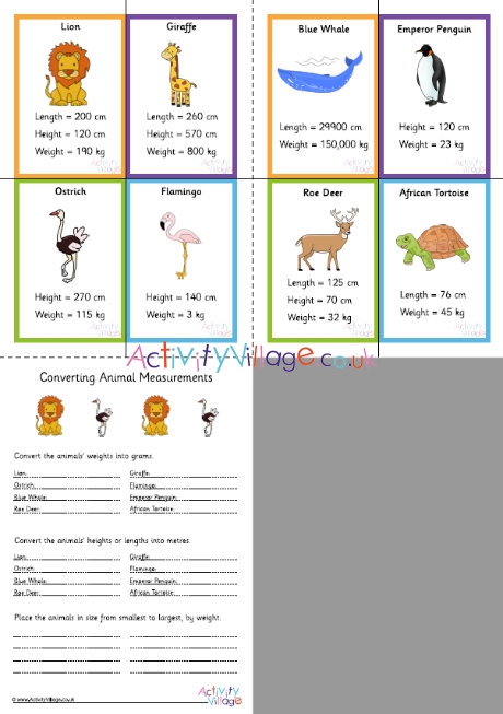 Animal measurements cards and worksheets