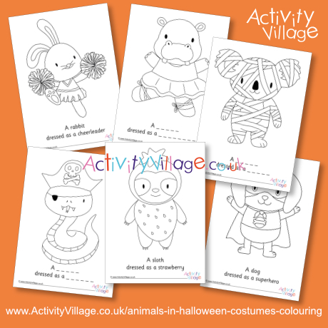 Animals in Halloween costumes colouring pages