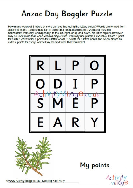 Anzac Day boggler puzzle