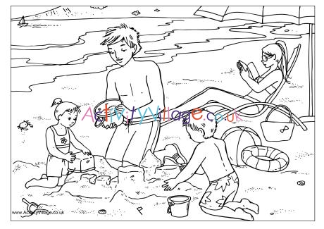 At the beach colouring page