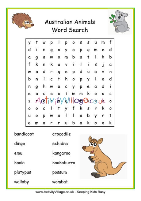 Australian animals word search