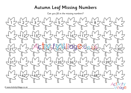 Autumn leaf missing number worksheet to 50