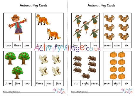 Autumn Number Words Peg Cards To 10