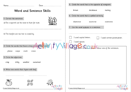 Autumn word and sentence skills worksheet KS2