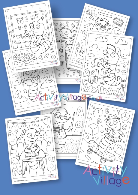 Back to school bookworm colouring pages