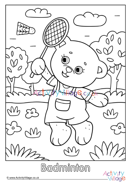 Badminton teddy bear colouring page 2