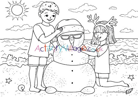 Beach Christmas colouring page