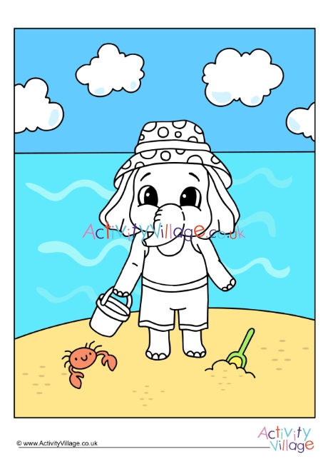 Beach elephant colour pop colouring page