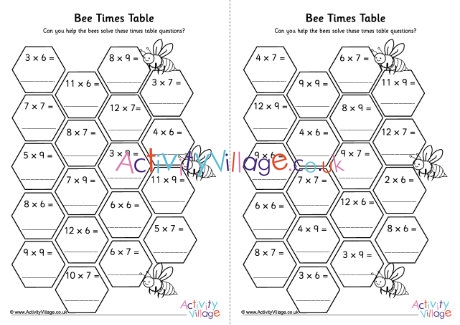 Bee hive times table worksheets 3