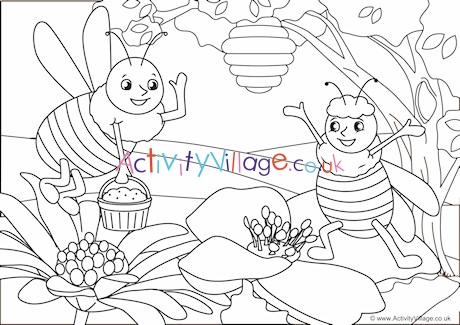 Bees Scene Colouring Page