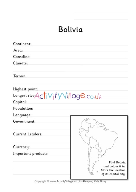 Bolivia fact worksheet