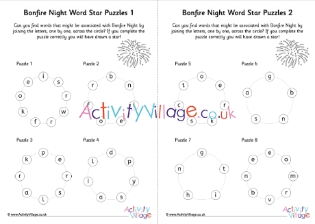 Bonfire Night word star puzzles - 4 per page
