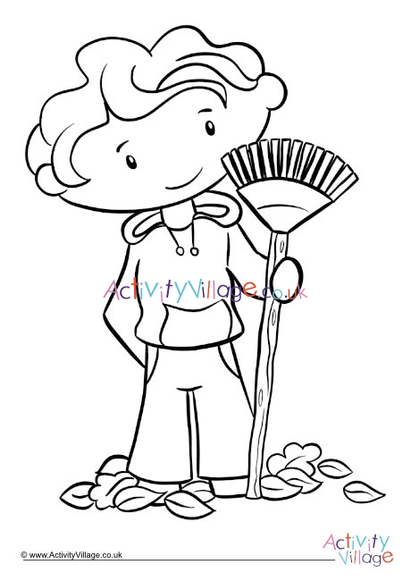 Boy Raking The Leaves Colouring Page
