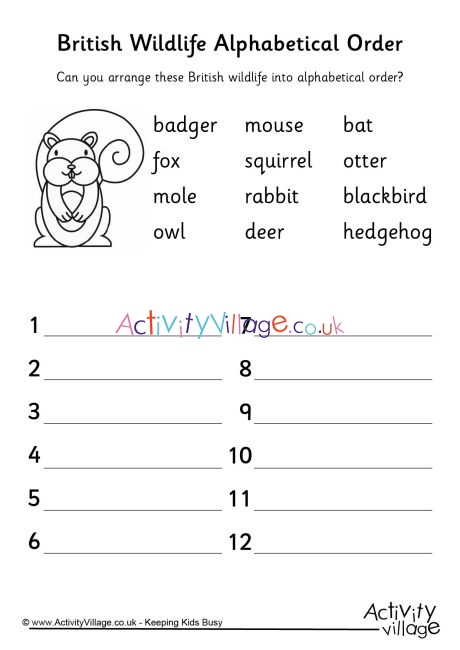 British Wildlife alphabetical order worksheet 2