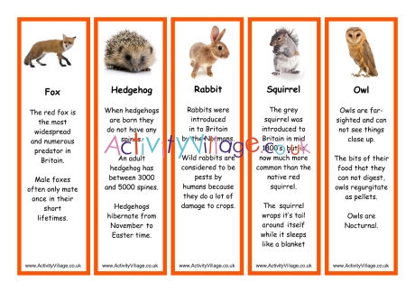 British wildlife animal bookmarks