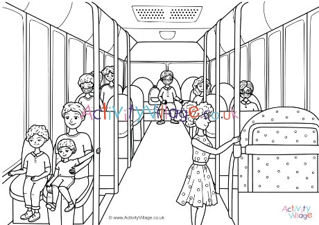 Bus scene with masks colouring page