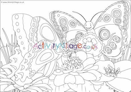 Butterflies Scene Colouring Page