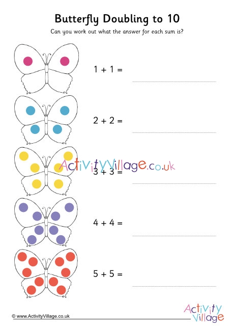 butterfly-doubling-to-10-worksheet