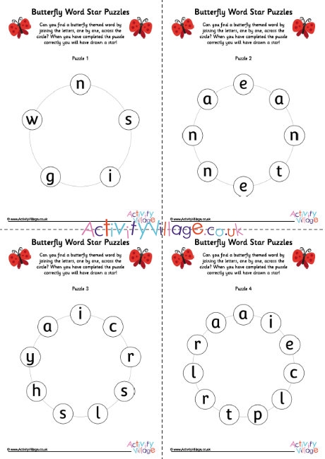Butterfly word star puzzles