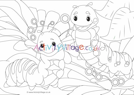 Caterpillars Scene Colouring Page