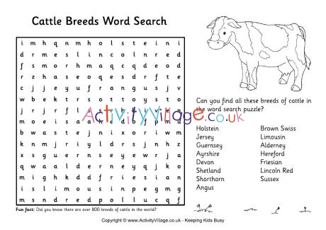 Cattle breeds word search