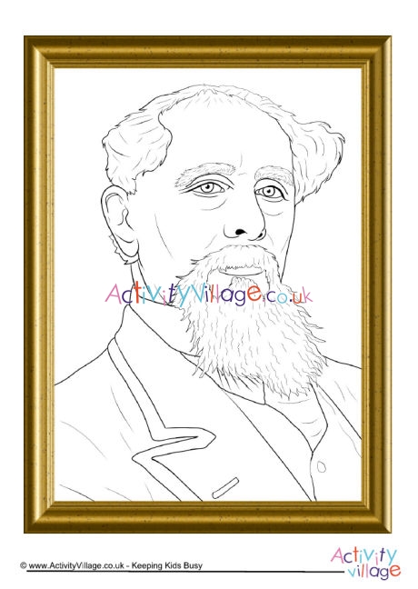 Charles Dickens framed portrait colouring page