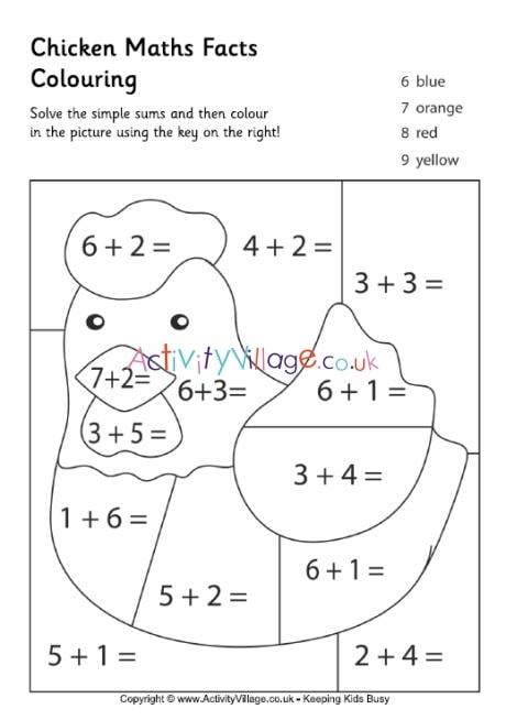 Chicken maths facts colouring page