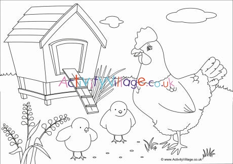 Chickens Scene Colouring Page
