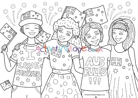 Children celebrating Australia Day colouring page