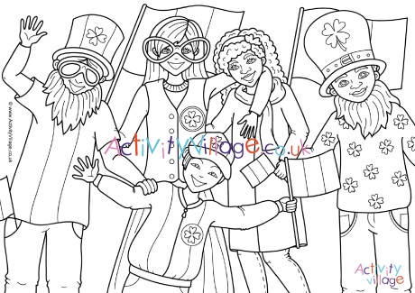 Children celebrating St Patrick's Day colouring page
