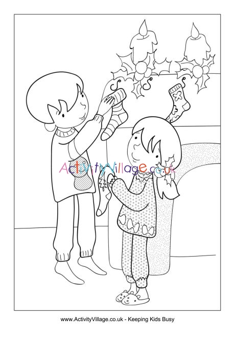 Children hanging up stockings colouring page