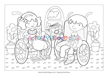 Children in wheelchairs colouring page
