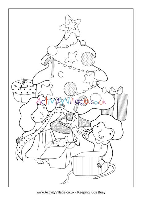 Children opening Christmas gifts colouring page