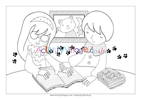 Children reading braille colouring page