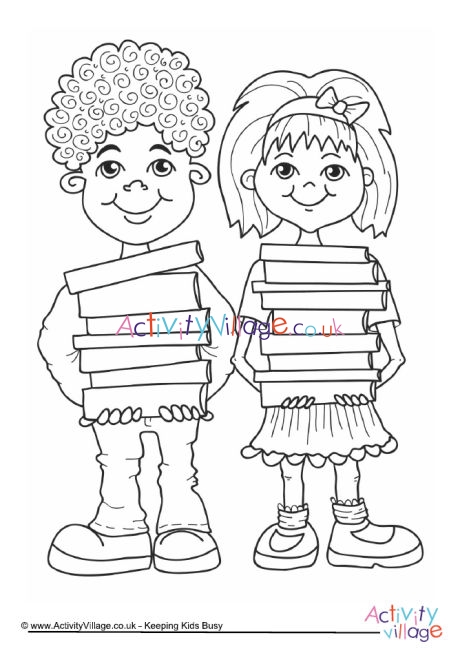 Children with books colouring page