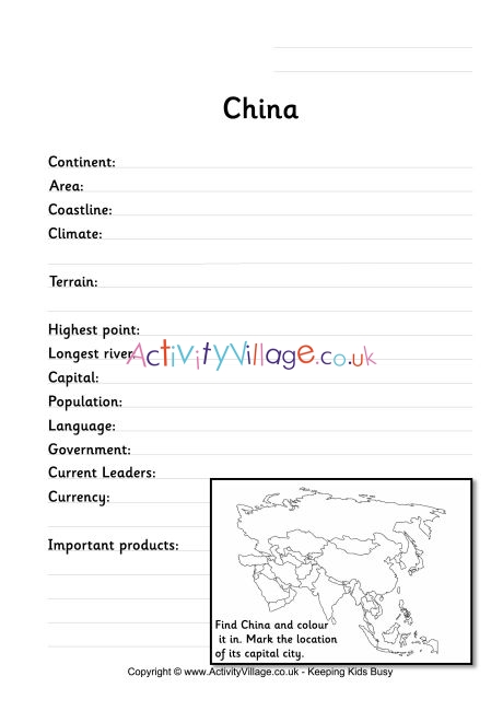China fact worksheet