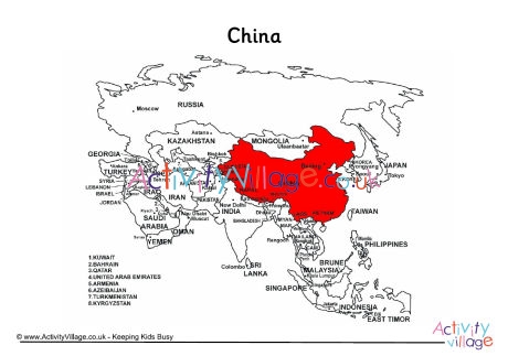 China on map of Asia