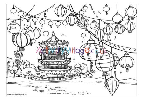 Chinese lanterns scene colouring page