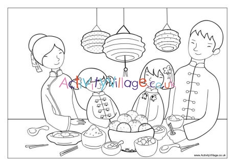 Chinese New Year dinner colouring page