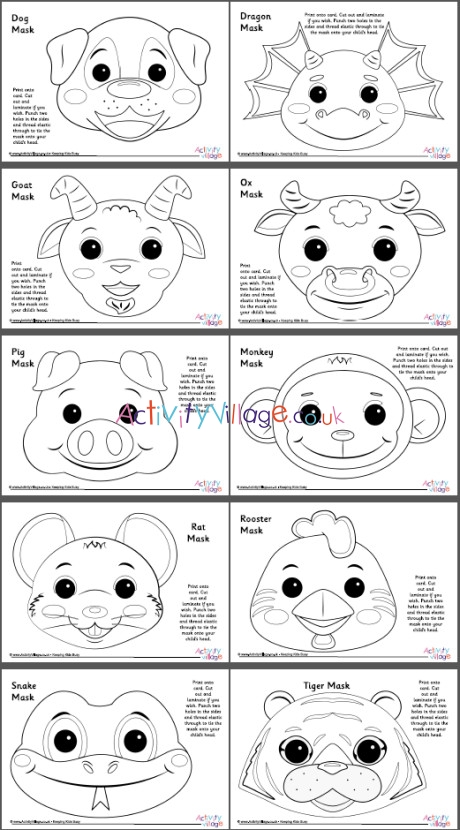 Chinese zodiac animal masks - set 2 - black and white