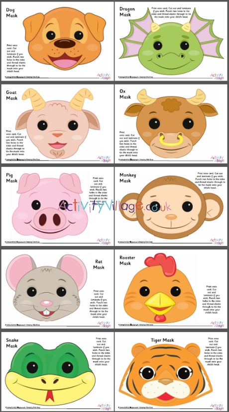 Chinese zodiac animal masks – set 2 – colour