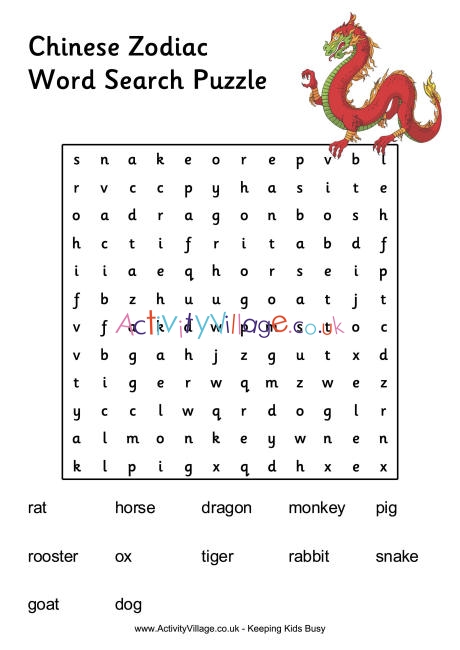 Chinese Zodiac word search puzzle