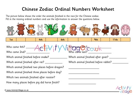 Chinese Zodiac Ordinal Numbers Worksheet 1