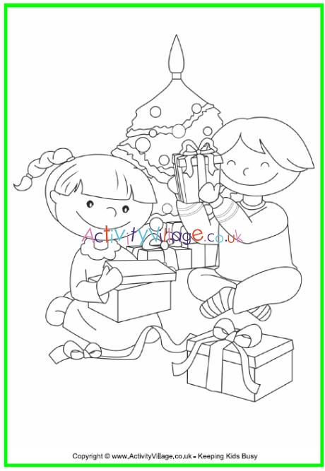Children Opening Christmas Presents Colouring Page