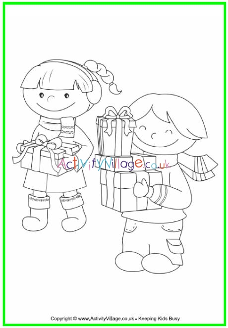 Children with Christmas Presents Colouring Page