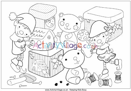 Christmas elves colouring page