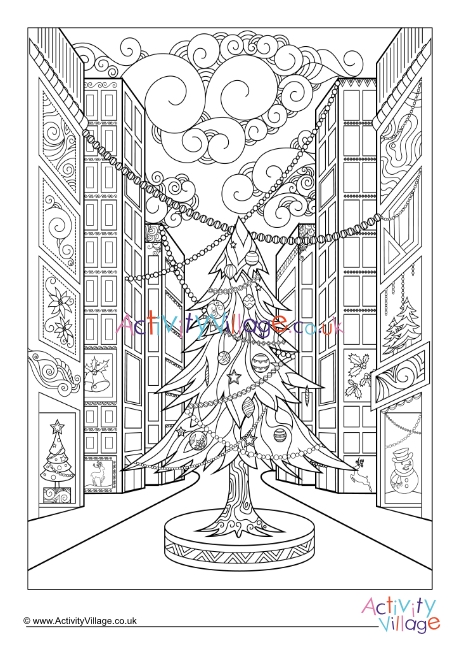 Christmas high street colouring page
