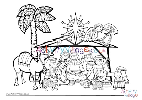 Christmas nativity scene colouring page