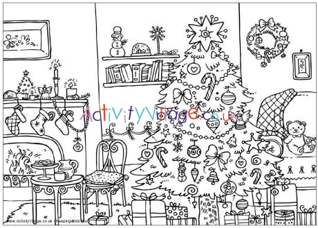 Christmas room colouring page
