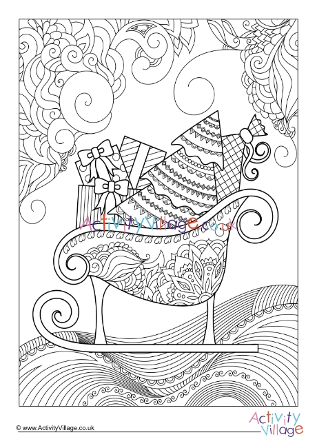 Christmas sleigh doodle colouring page